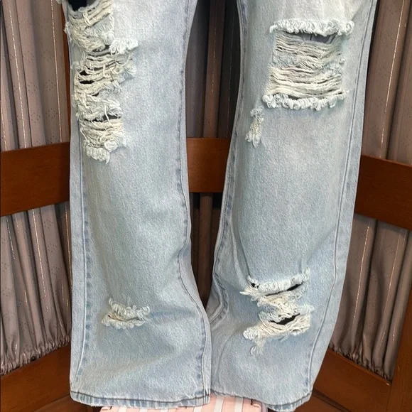 Fashion Nova Blue Straight Leg Jeans with Vintage Distressing - Picture 10 of 16